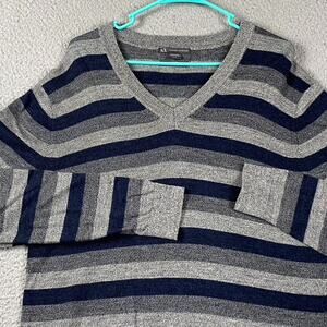 Armani Exchange Men's XL V-Neck Sweater Merino Wool Striped Gray Blue